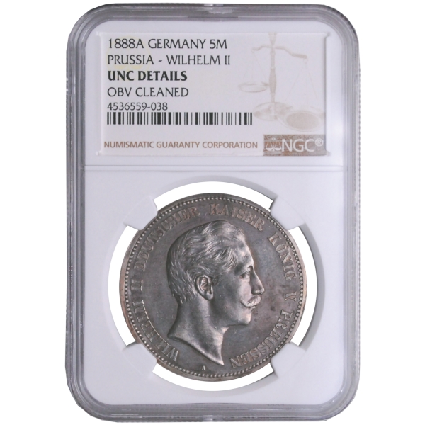 プロシア1888年 ウィレム2世 5マルク銀貨 二重皇帝期 特年号 NGC UNC DETAILS