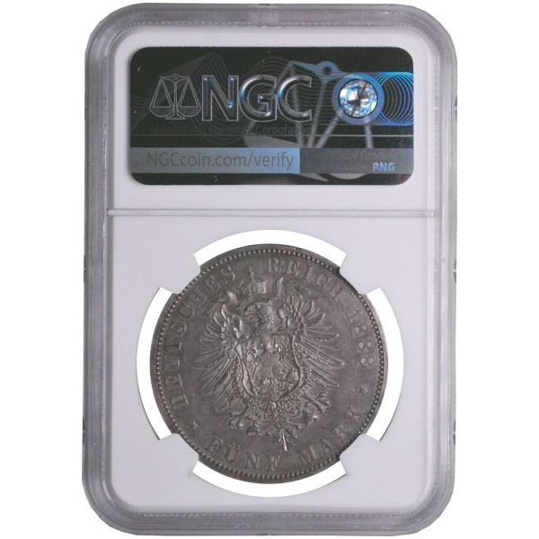 プロシア1888年 ウィレム2世 5マルク銀貨 二重皇帝期 特年号 NGC UNC DETAILS