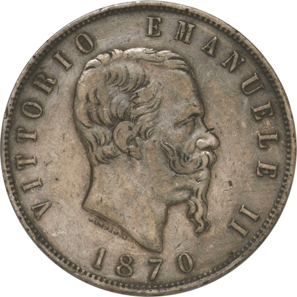 イタリア1870年 ヴィットリオ・エマヌエル2世 5リラ銀貨　