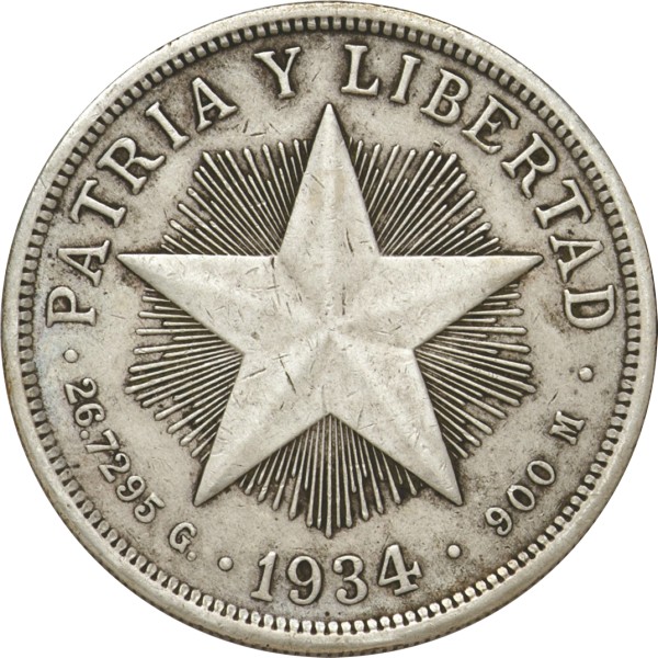 キューバ1934年 1ペソ銀貨 通称 スターペソ