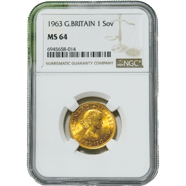 英国1963年 エリザベス女王 1ソブリン金貨 径22.00mm NGC MS64 &hellip;