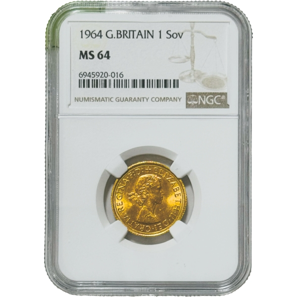 英国1964年 エリザベス女王 1ソブリン金貨 径22.00mm NGC MS64 &hellip;