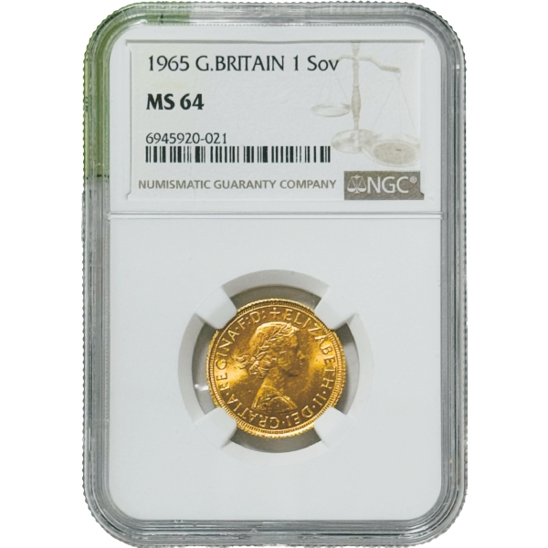 英国1965年 エリザベス女王 1ソブリン金貨 径22.00mm NGC MS64 &hellip;
