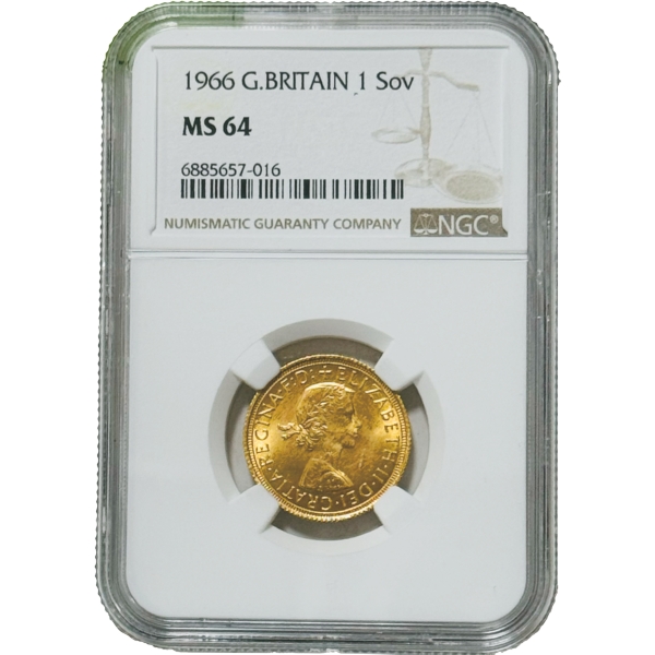 英国1966年 エリザベス女王 1ソブリン金貨 径22.00mm NGC MS64 &hellip;